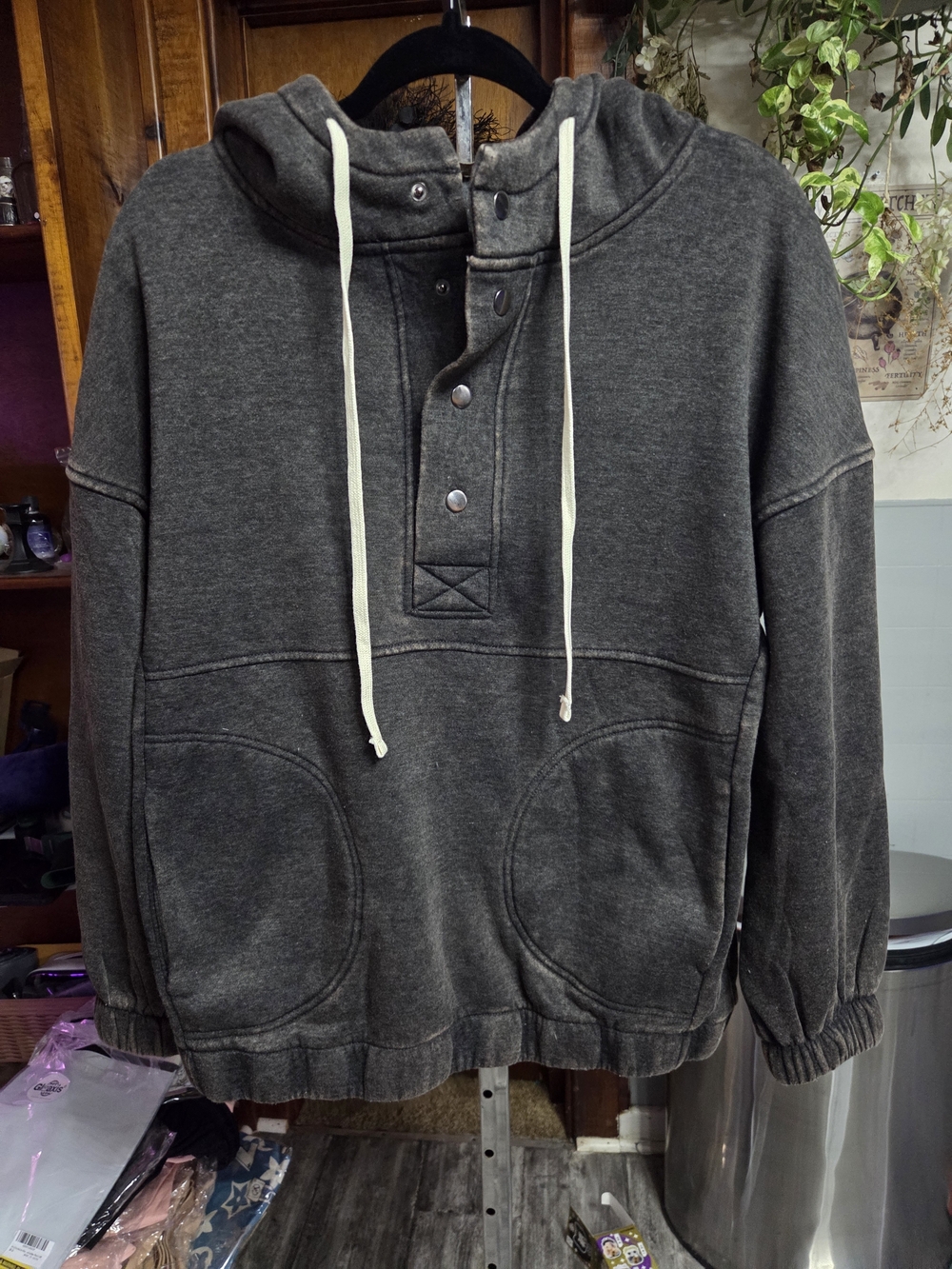 Zenana Outfitters Charcoal Hoodie with Cream Drawcords